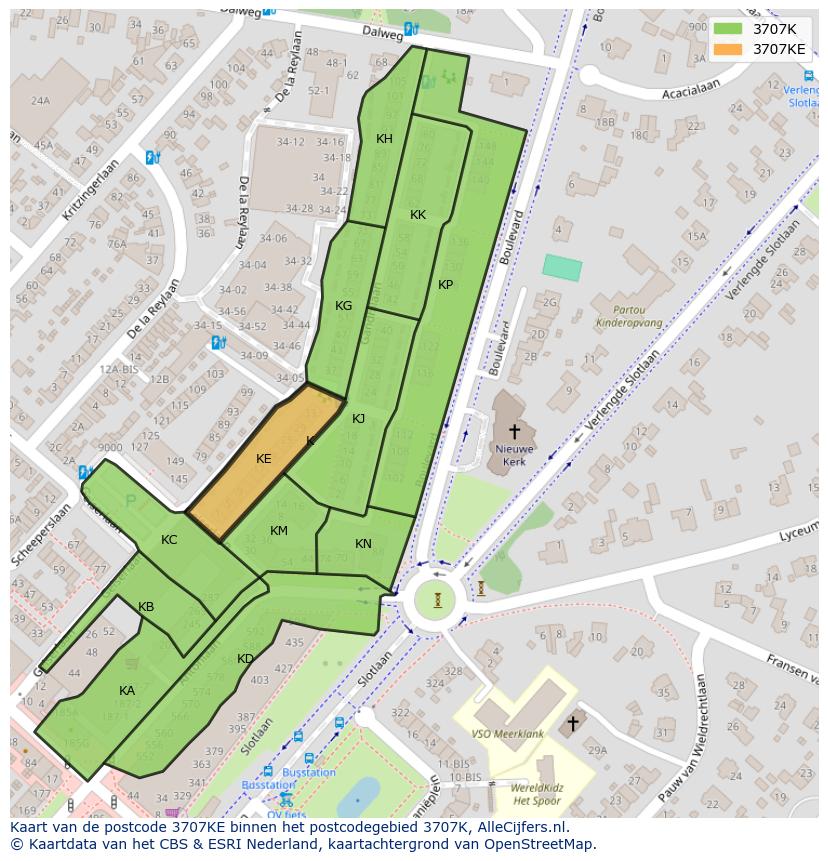 Afbeelding van het postcodegebied 3707 KE op de kaart.