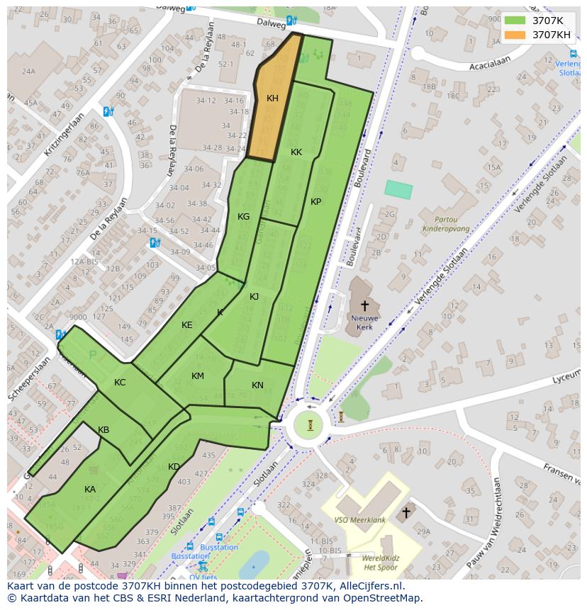 Afbeelding van het postcodegebied 3707 KH op de kaart.