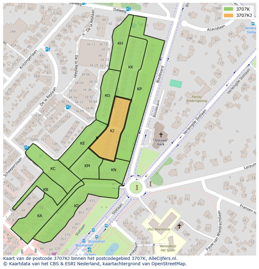 Afbeelding van het postcodegebied 3707 KJ op de kaart.