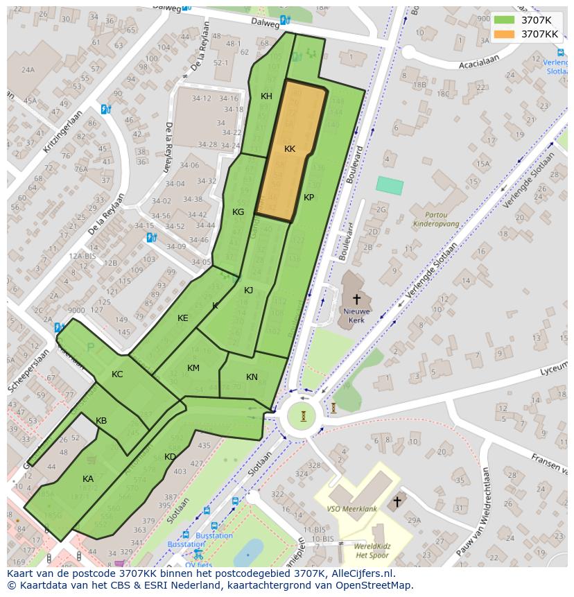 Afbeelding van het postcodegebied 3707 KK op de kaart.