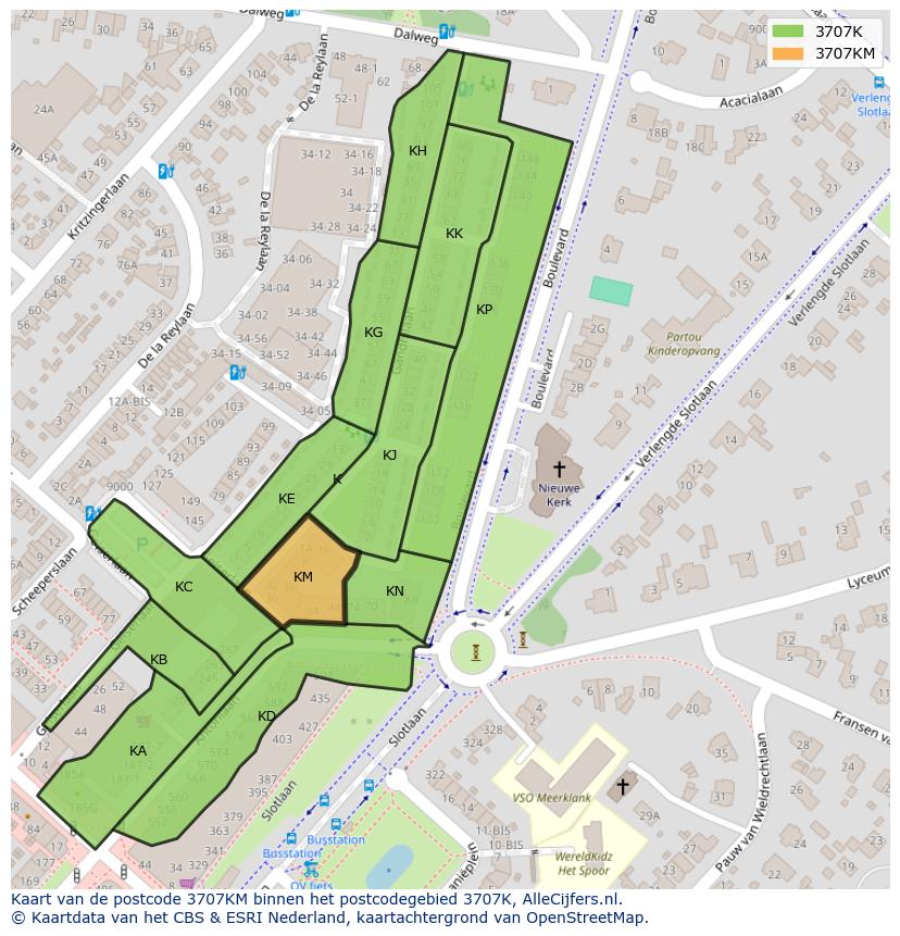 Afbeelding van het postcodegebied 3707 KM op de kaart.