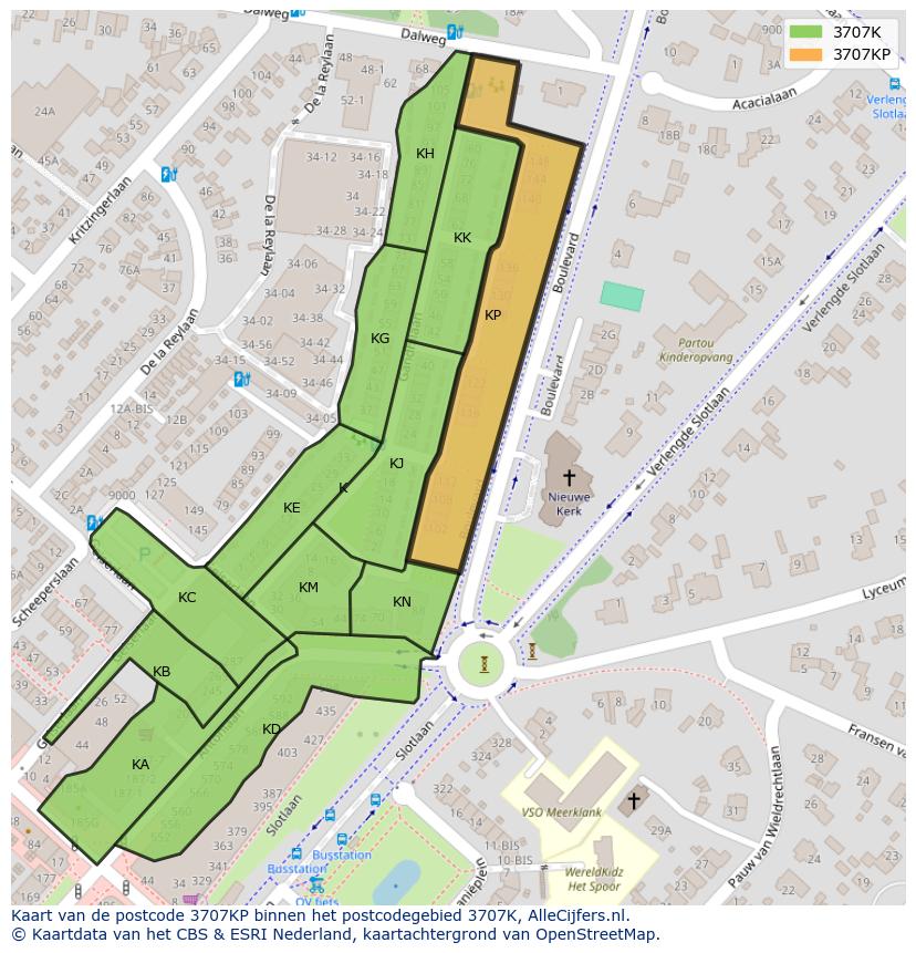 Afbeelding van het postcodegebied 3707 KP op de kaart.