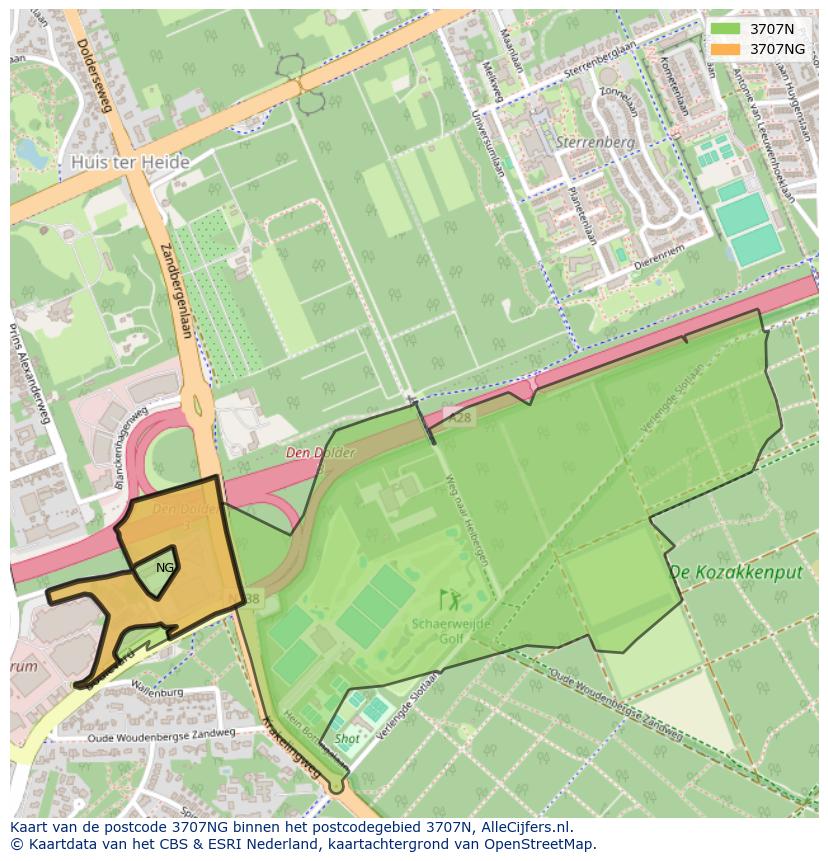 Afbeelding van het postcodegebied 3707 NG op de kaart.