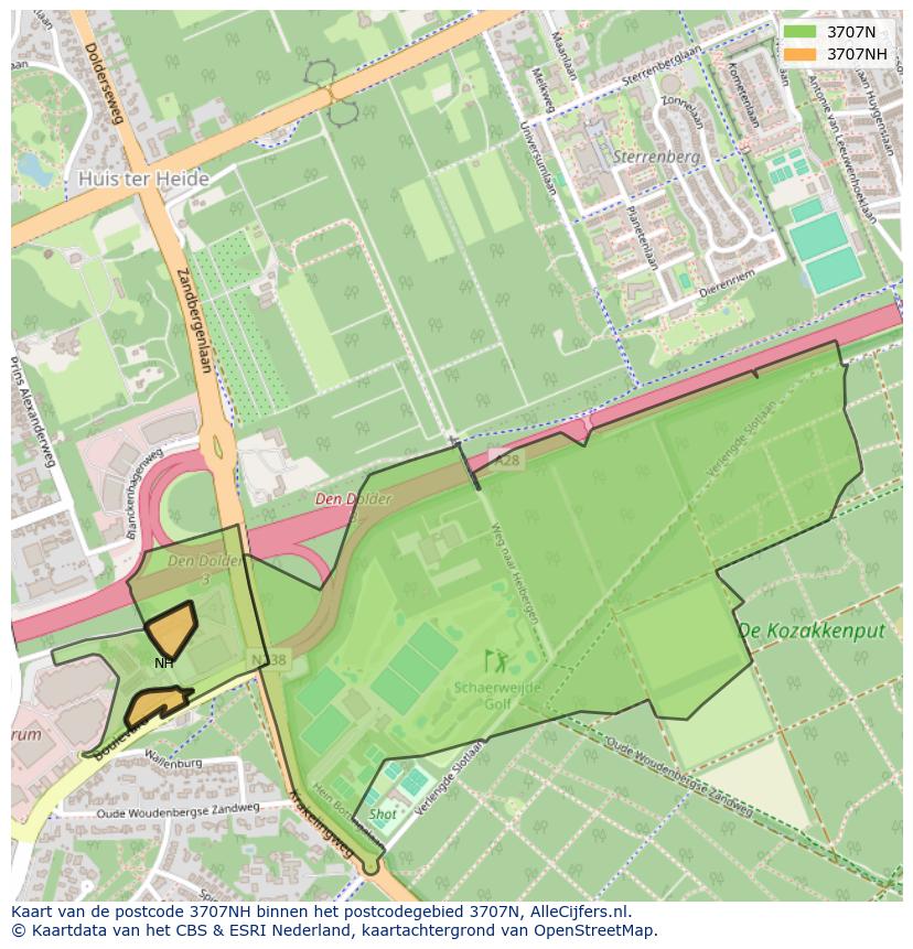 Afbeelding van het postcodegebied 3707 NH op de kaart.