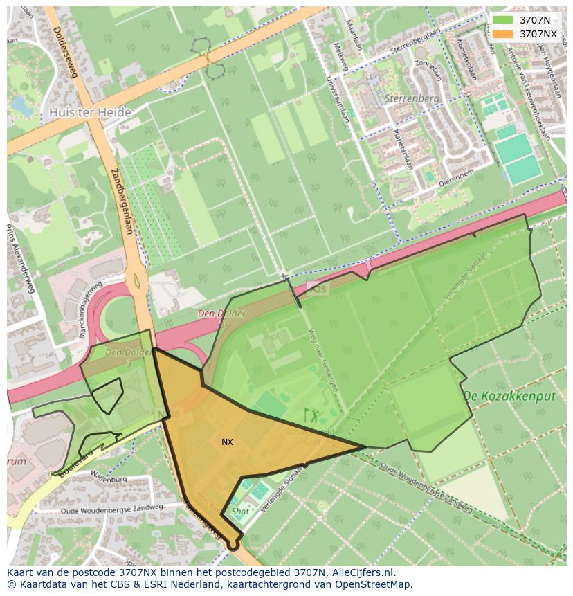 Afbeelding van het postcodegebied 3707 NX op de kaart.