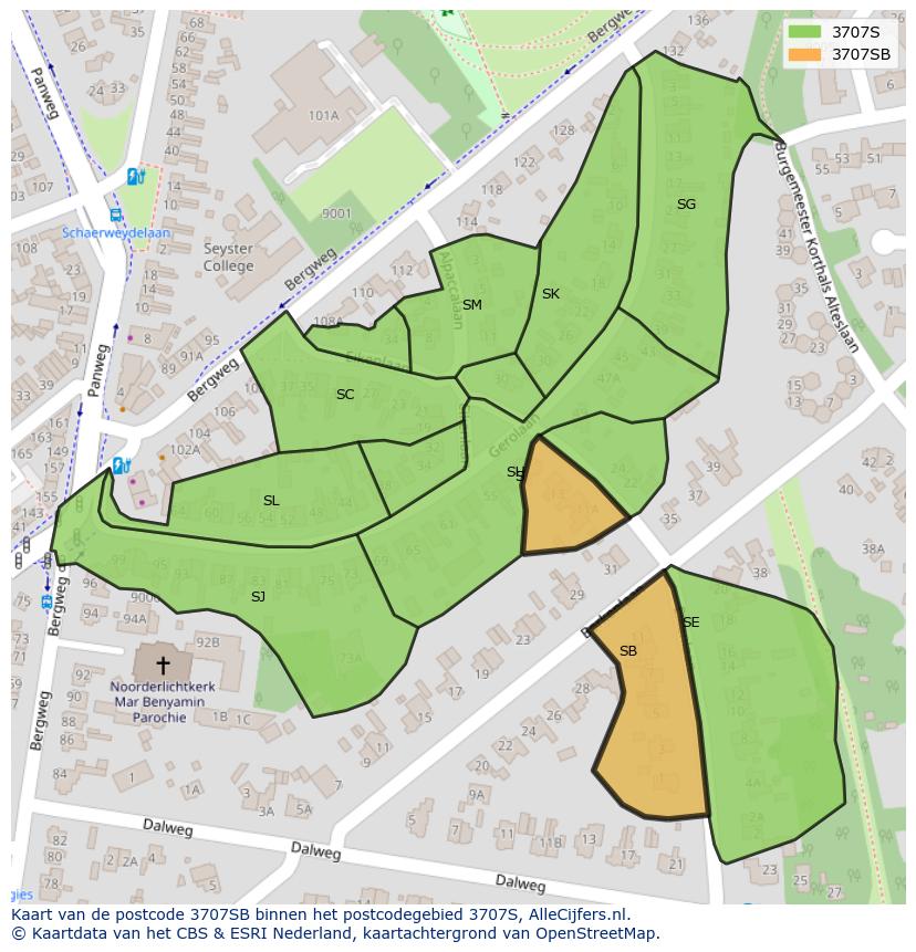 Afbeelding van het postcodegebied 3707 SB op de kaart.