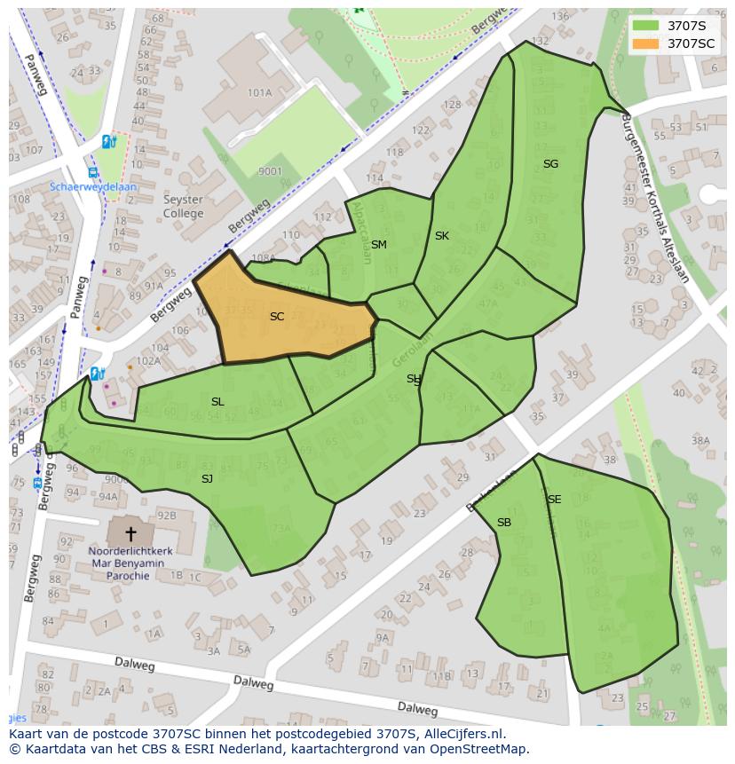 Afbeelding van het postcodegebied 3707 SC op de kaart.