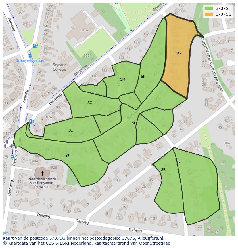 Afbeelding van het postcodegebied 3707 SG op de kaart.