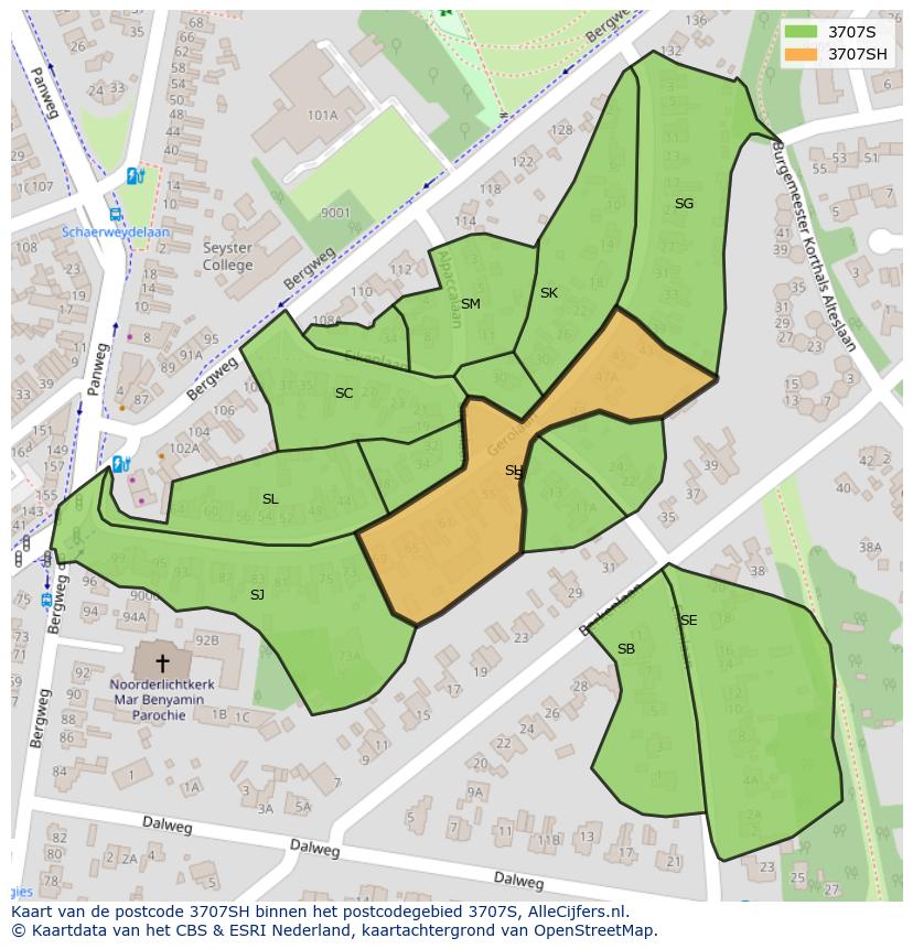 Afbeelding van het postcodegebied 3707 SH op de kaart.