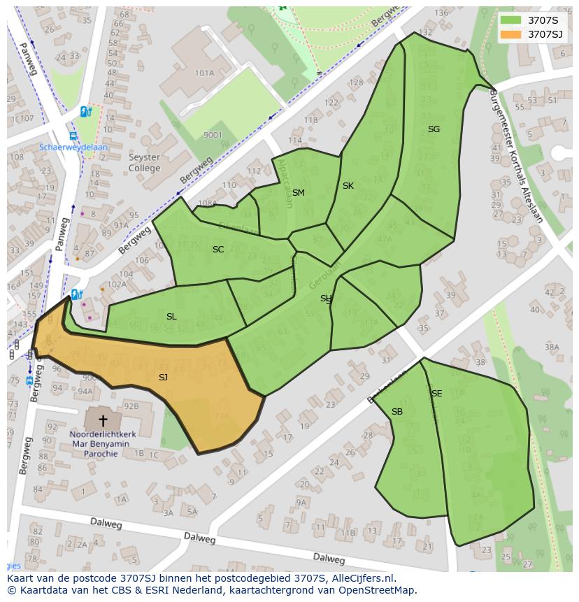 Afbeelding van het postcodegebied 3707 SJ op de kaart.
