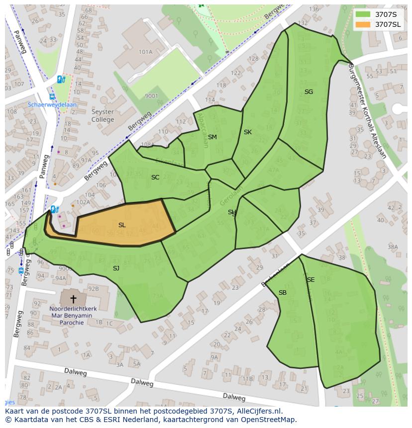 Afbeelding van het postcodegebied 3707 SL op de kaart.