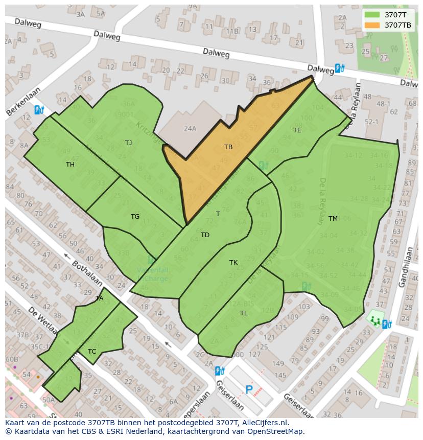 Afbeelding van het postcodegebied 3707 TB op de kaart.