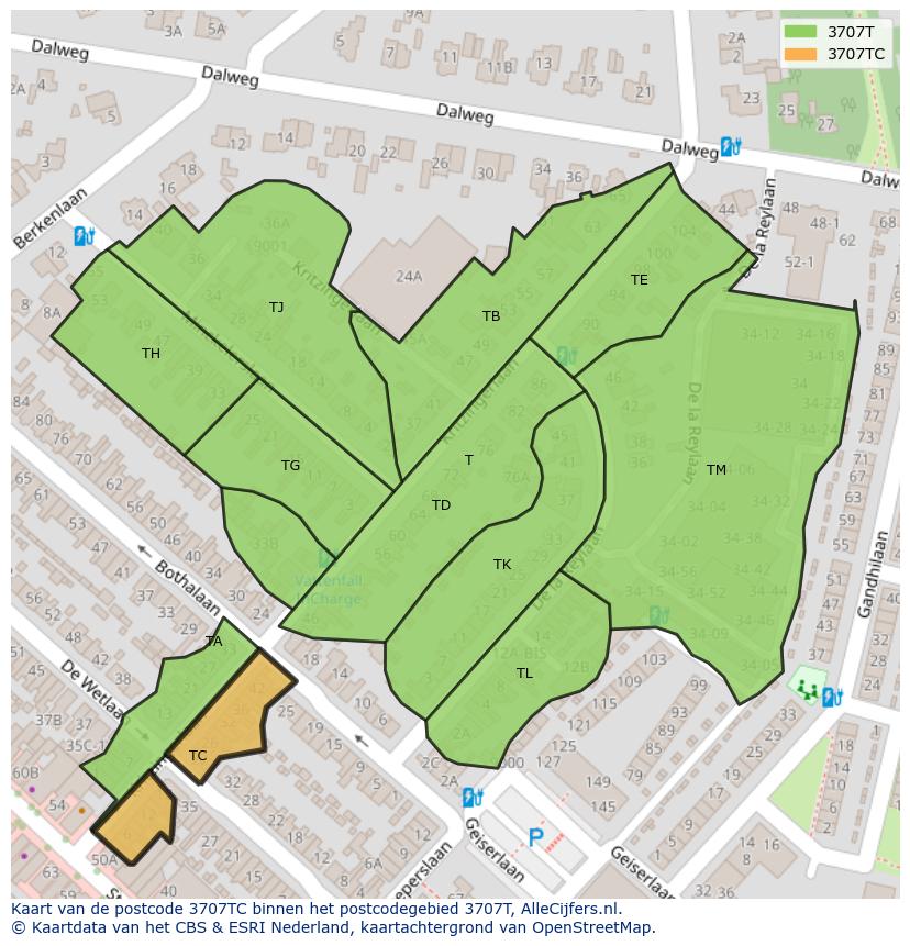 Afbeelding van het postcodegebied 3707 TC op de kaart.