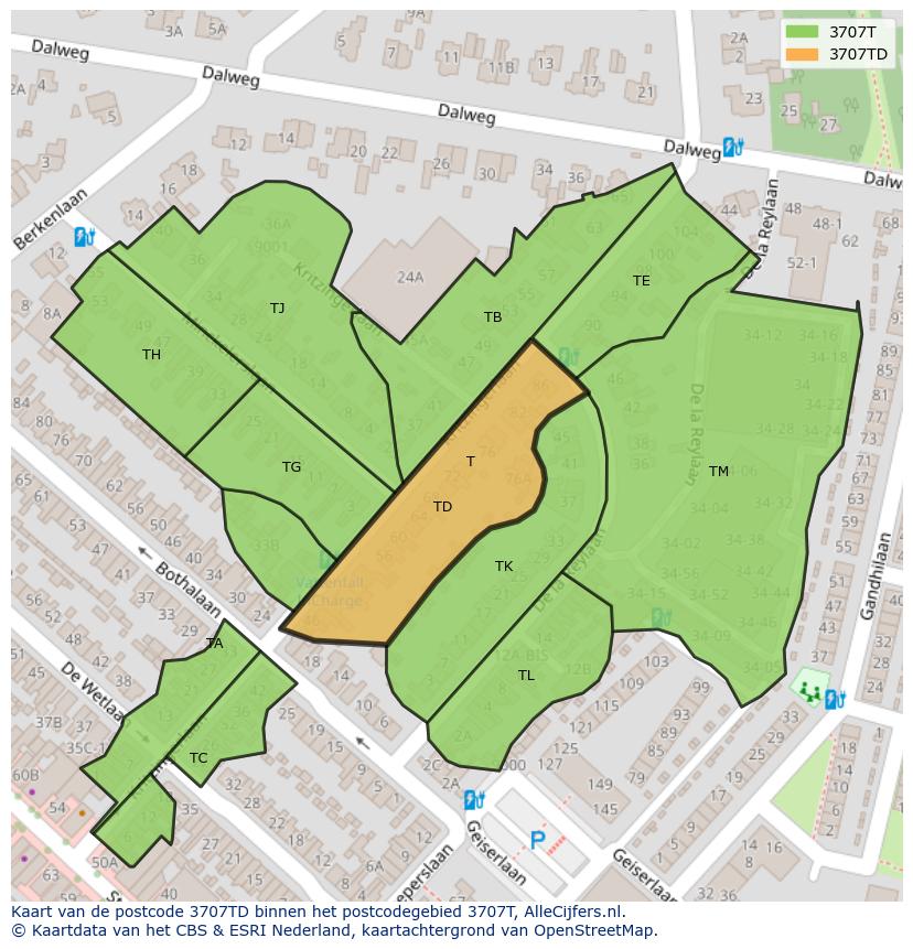 Afbeelding van het postcodegebied 3707 TD op de kaart.