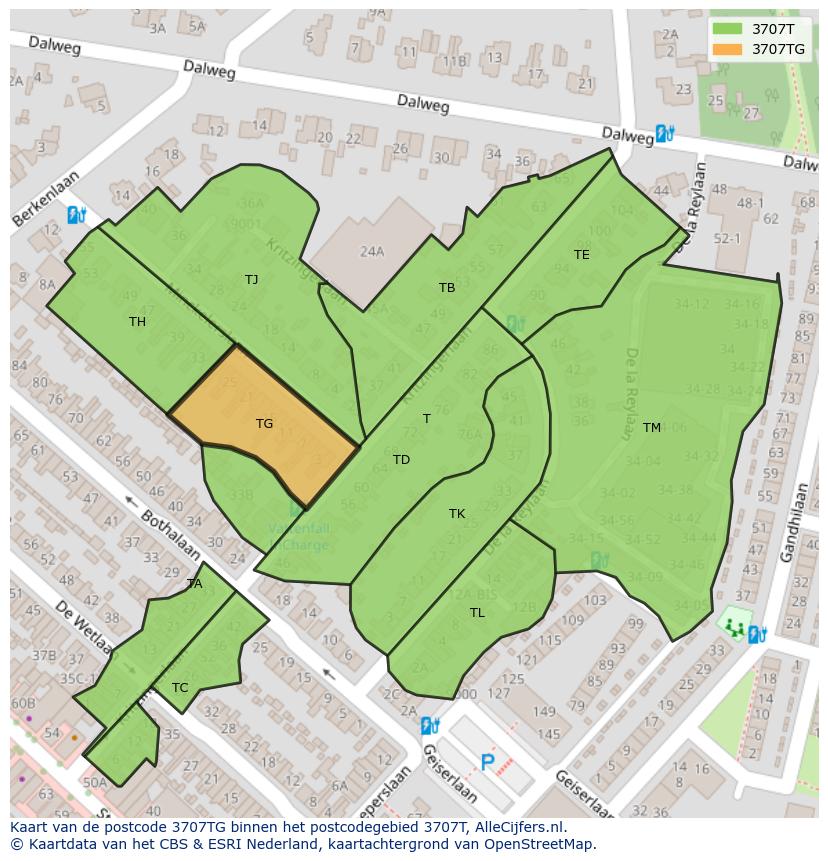 Afbeelding van het postcodegebied 3707 TG op de kaart.