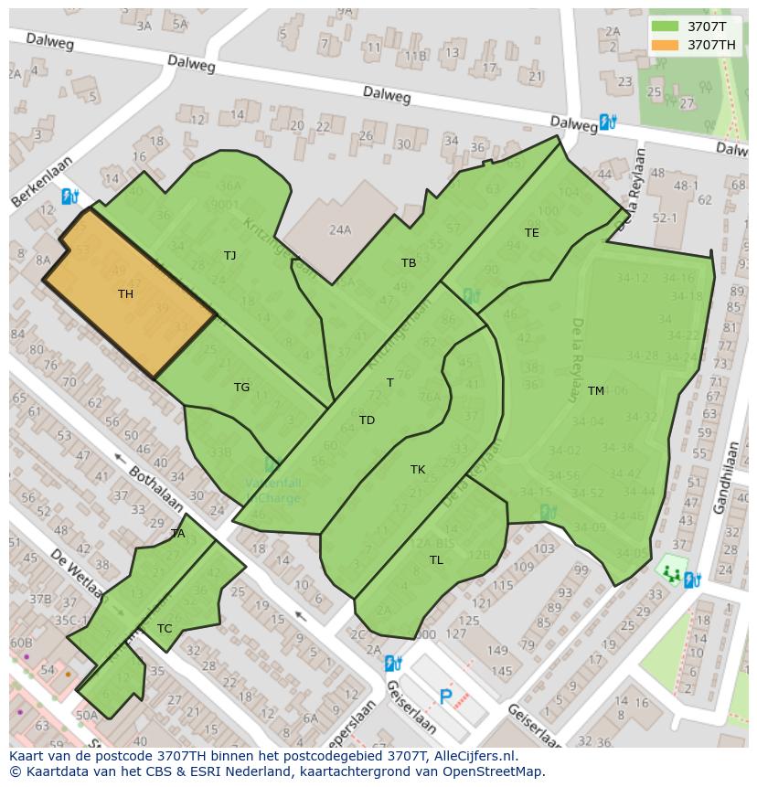 Afbeelding van het postcodegebied 3707 TH op de kaart.