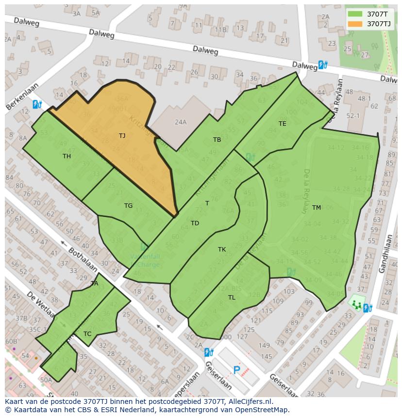 Afbeelding van het postcodegebied 3707 TJ op de kaart.