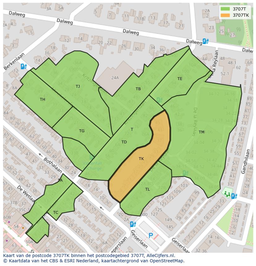 Afbeelding van het postcodegebied 3707 TK op de kaart.