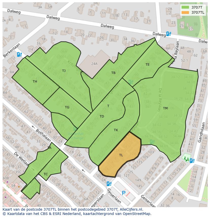 Afbeelding van het postcodegebied 3707 TL op de kaart.