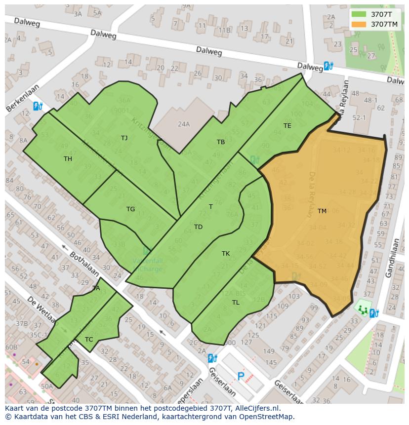 Afbeelding van het postcodegebied 3707 TM op de kaart.