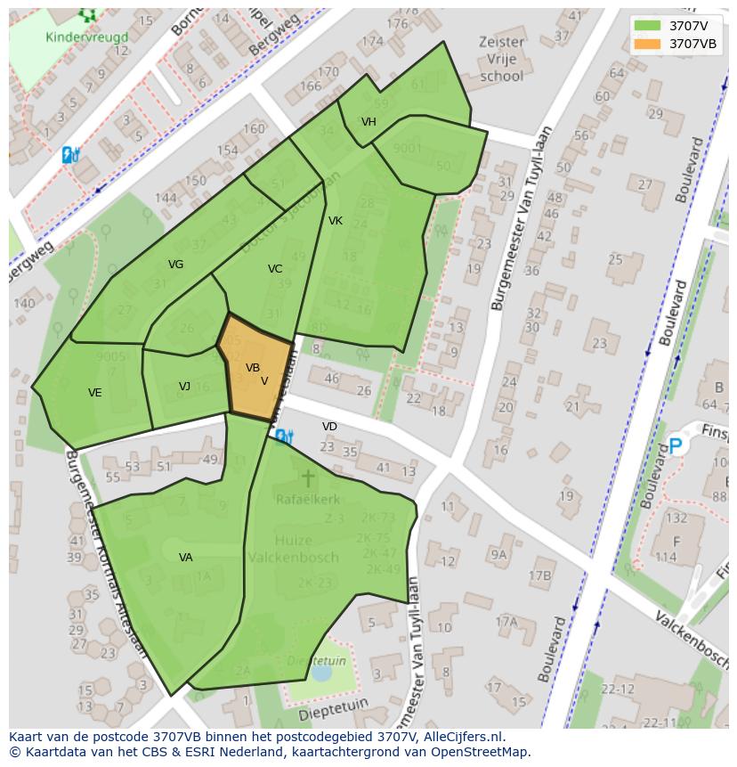 Afbeelding van het postcodegebied 3707 VB op de kaart.