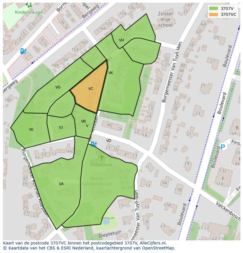 Afbeelding van het postcodegebied 3707 VC op de kaart.