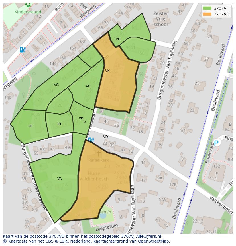Afbeelding van het postcodegebied 3707 VD op de kaart.
