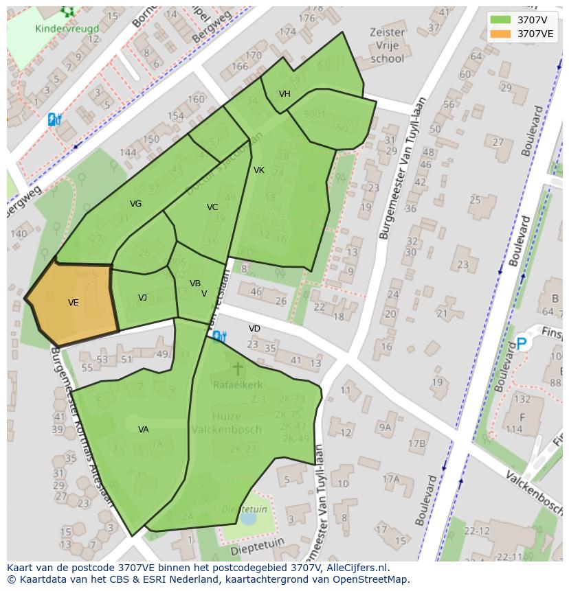 Afbeelding van het postcodegebied 3707 VE op de kaart.