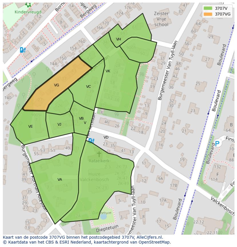 Afbeelding van het postcodegebied 3707 VG op de kaart.