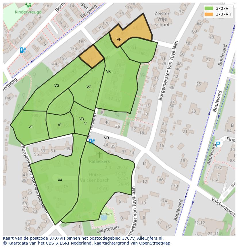 Afbeelding van het postcodegebied 3707 VH op de kaart.