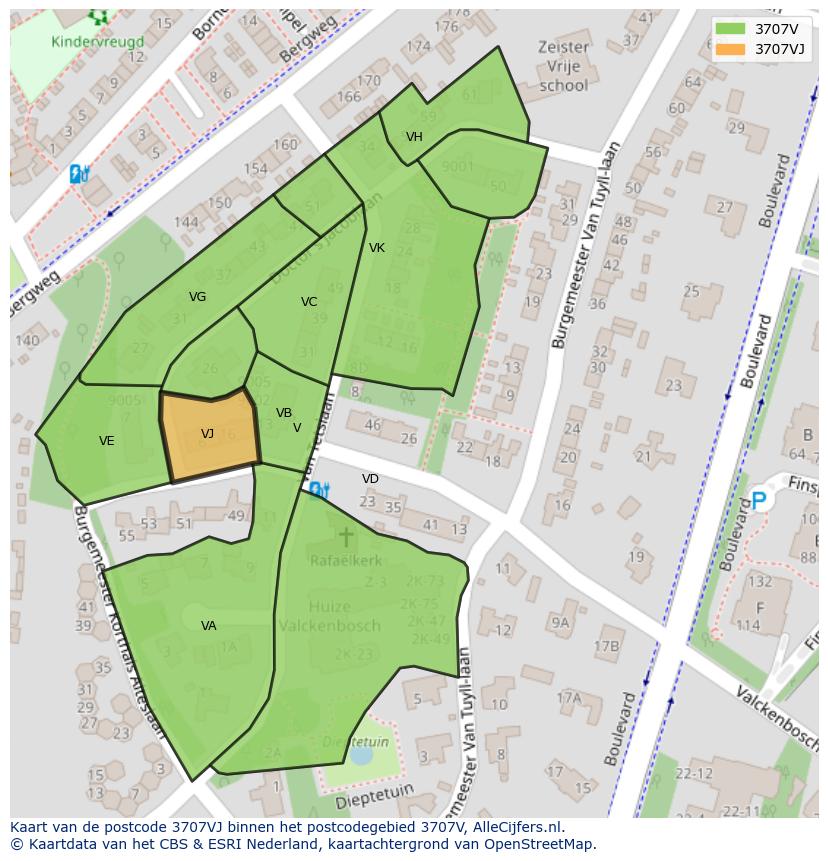Afbeelding van het postcodegebied 3707 VJ op de kaart.