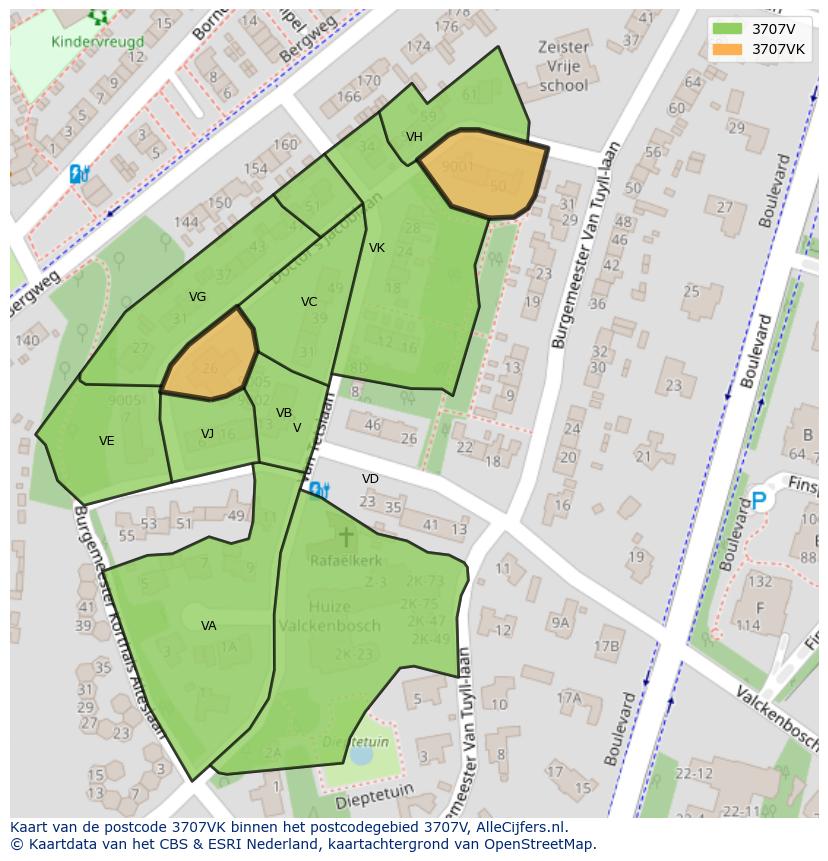 Afbeelding van het postcodegebied 3707 VK op de kaart.