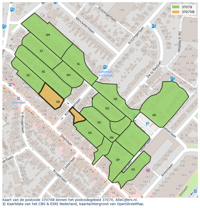 Afbeelding van het postcodegebied 3707 XB op de kaart.