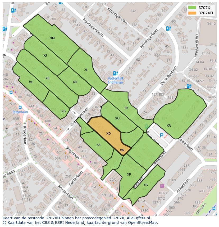 Afbeelding van het postcodegebied 3707 XD op de kaart.