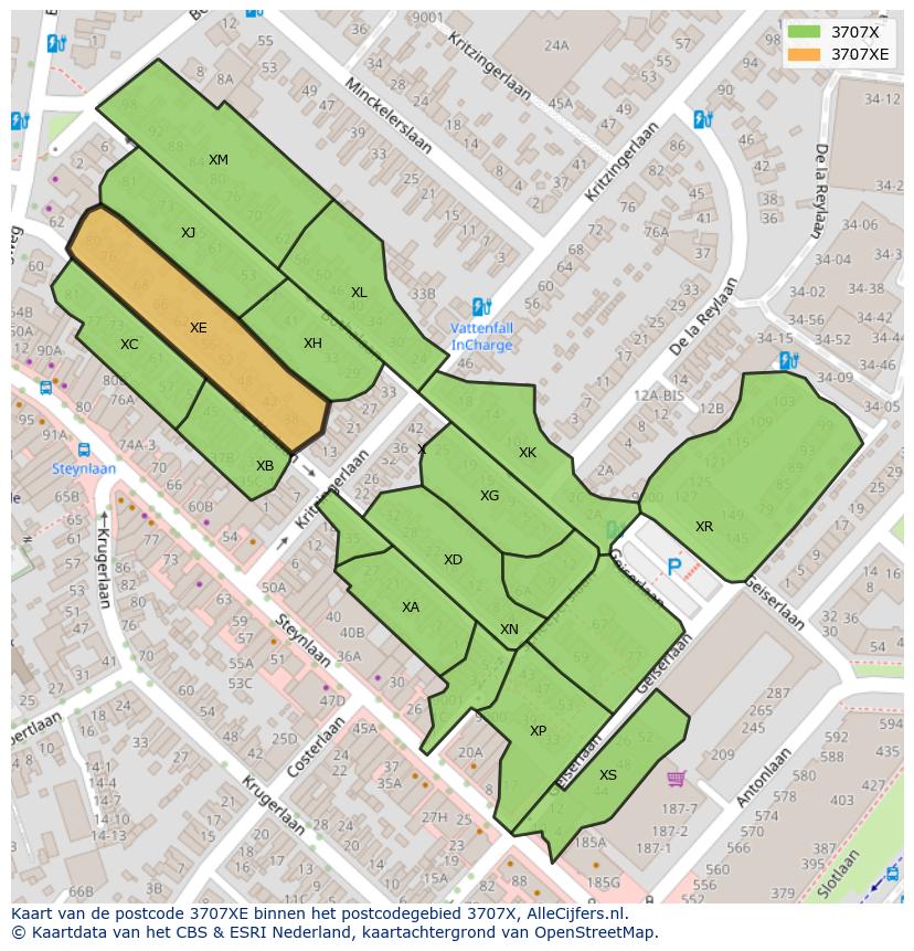 Afbeelding van het postcodegebied 3707 XE op de kaart.