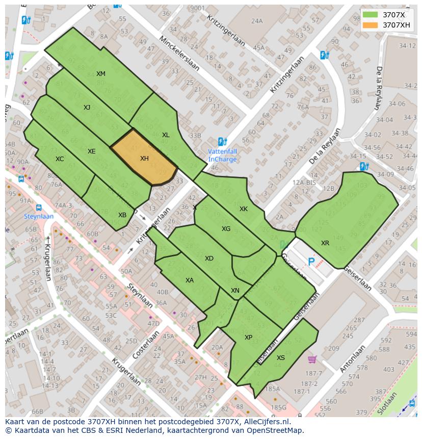 Afbeelding van het postcodegebied 3707 XH op de kaart.