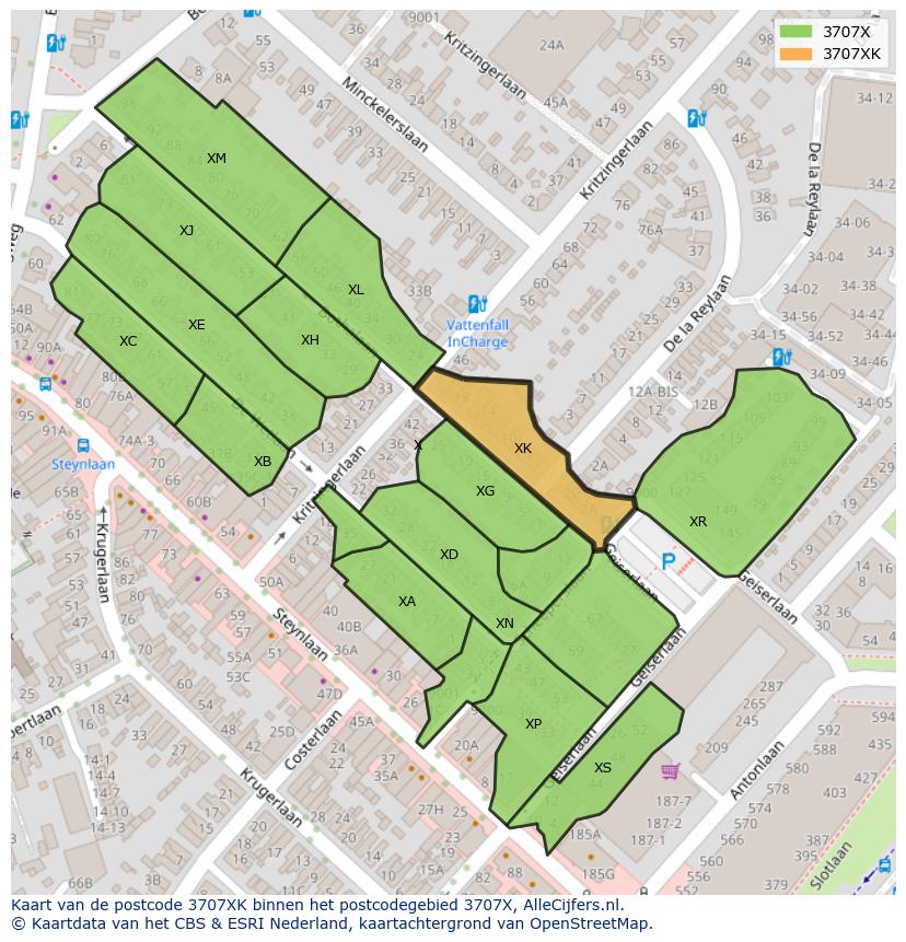 Afbeelding van het postcodegebied 3707 XK op de kaart.