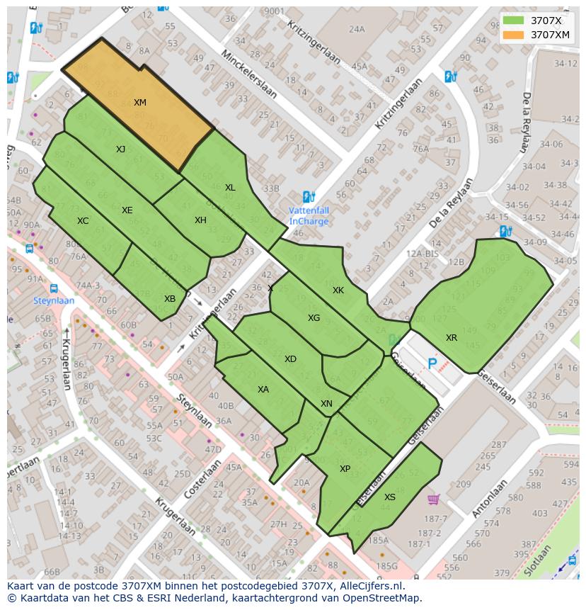 Afbeelding van het postcodegebied 3707 XM op de kaart.
