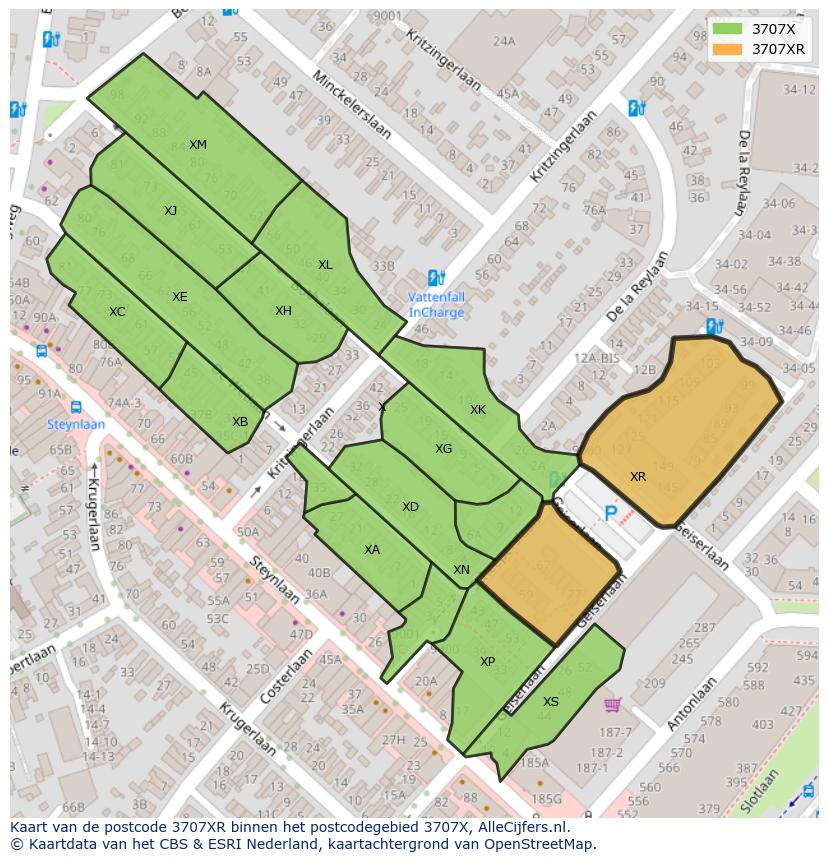 Afbeelding van het postcodegebied 3707 XR op de kaart.