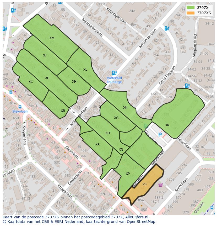 Afbeelding van het postcodegebied 3707 XS op de kaart.