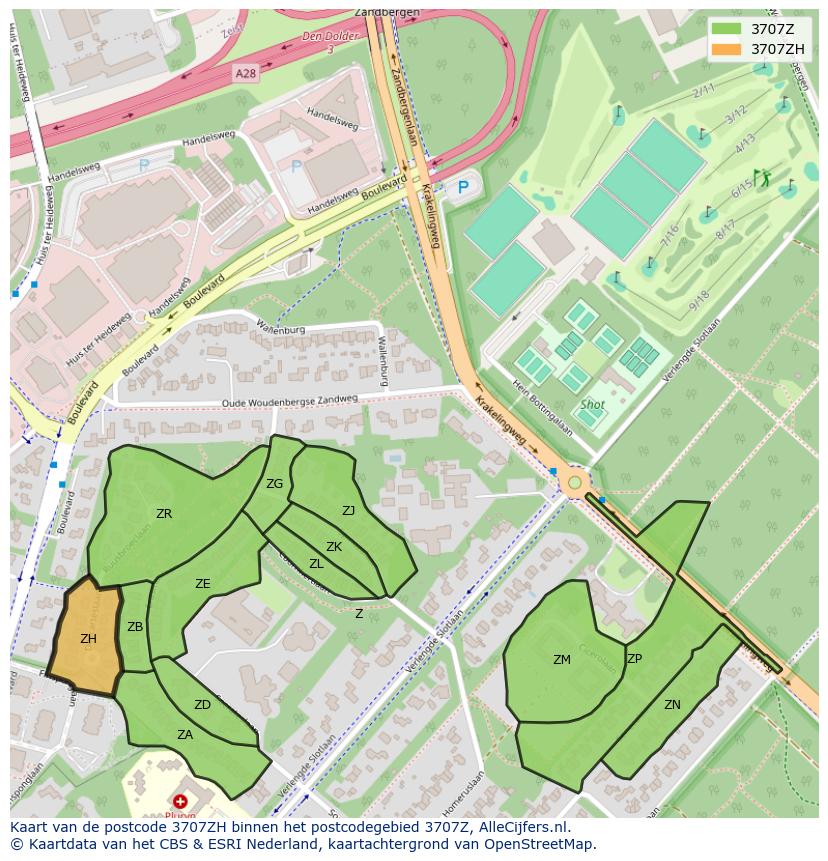 Afbeelding van het postcodegebied 3707 ZH op de kaart.