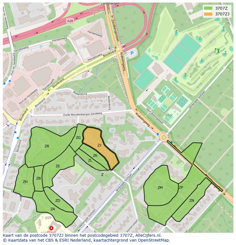 Afbeelding van het postcodegebied 3707 ZJ op de kaart.