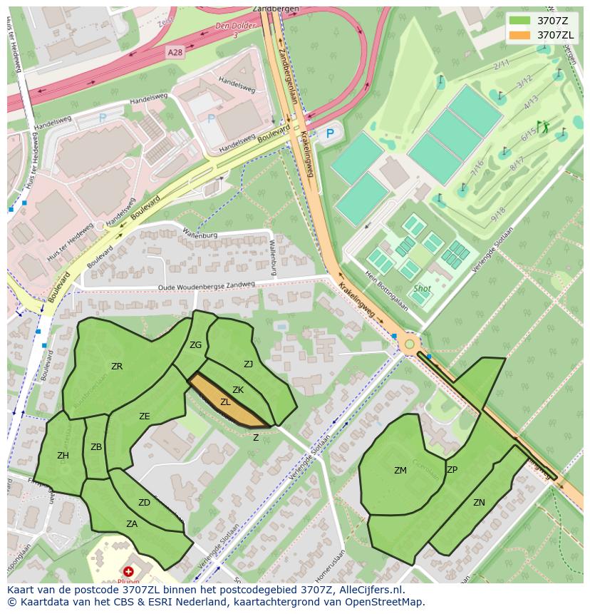 Afbeelding van het postcodegebied 3707 ZL op de kaart.