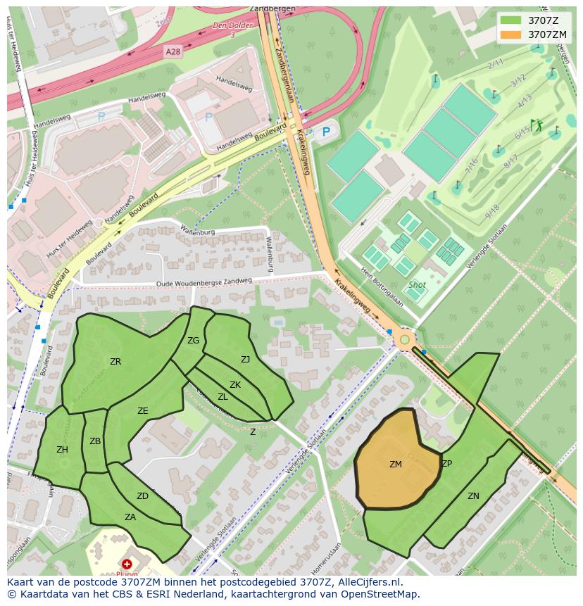 Afbeelding van het postcodegebied 3707 ZM op de kaart.
