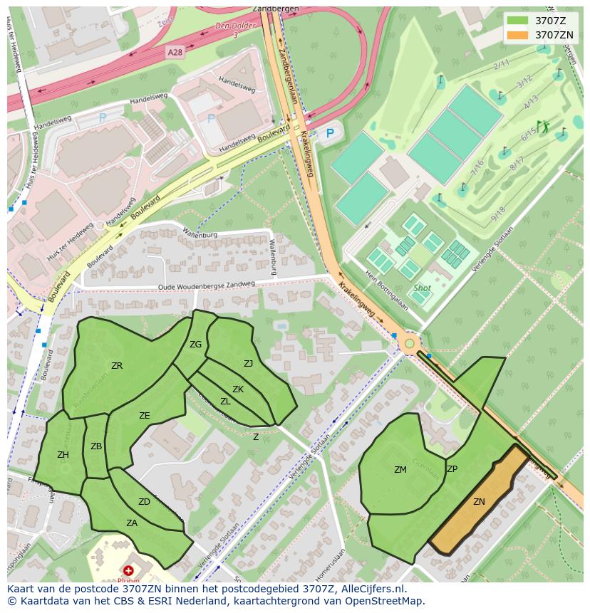 Afbeelding van het postcodegebied 3707 ZN op de kaart.