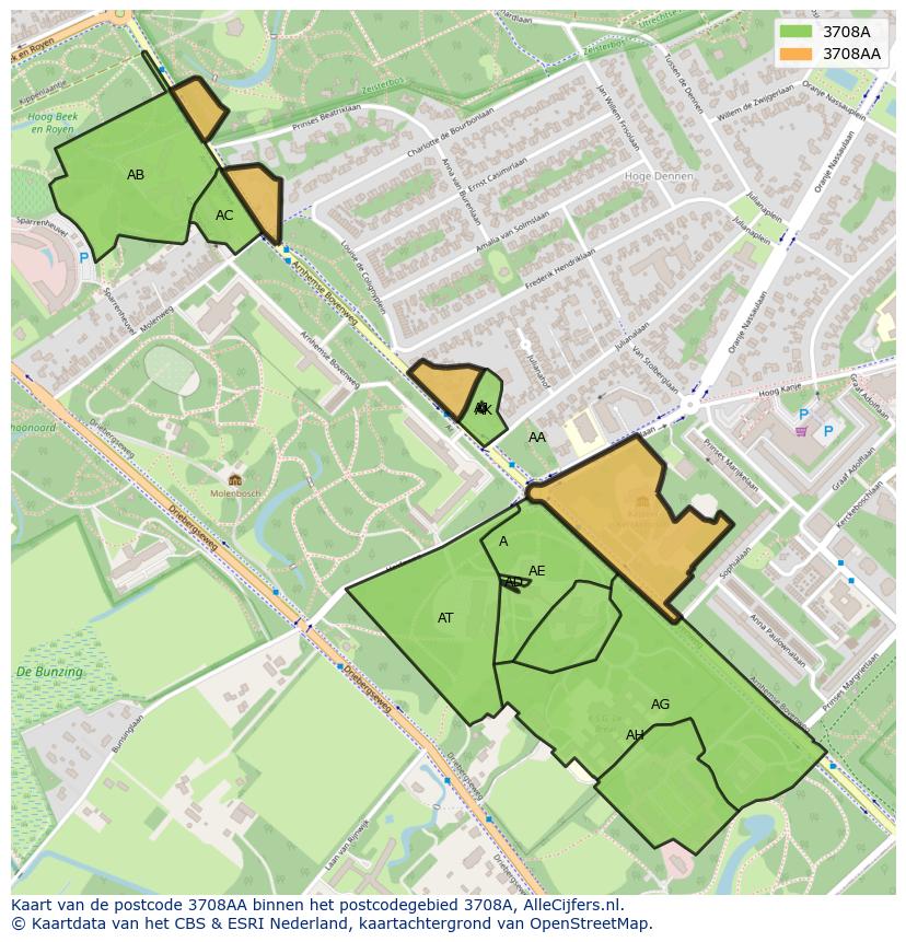 Afbeelding van het postcodegebied 3708 AA op de kaart.