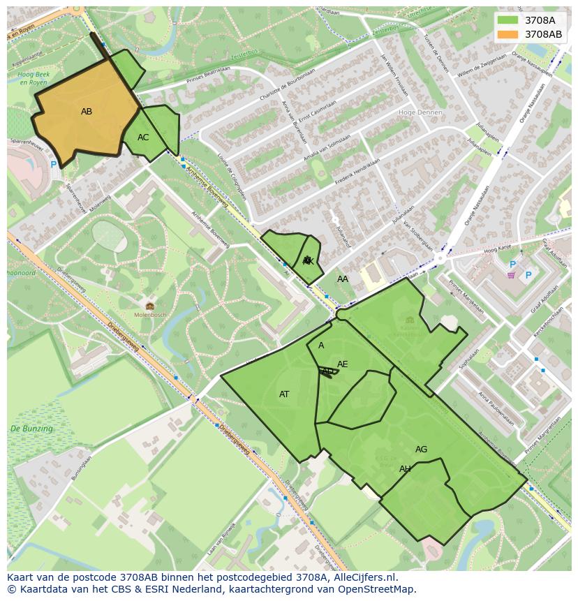 Afbeelding van het postcodegebied 3708 AB op de kaart.