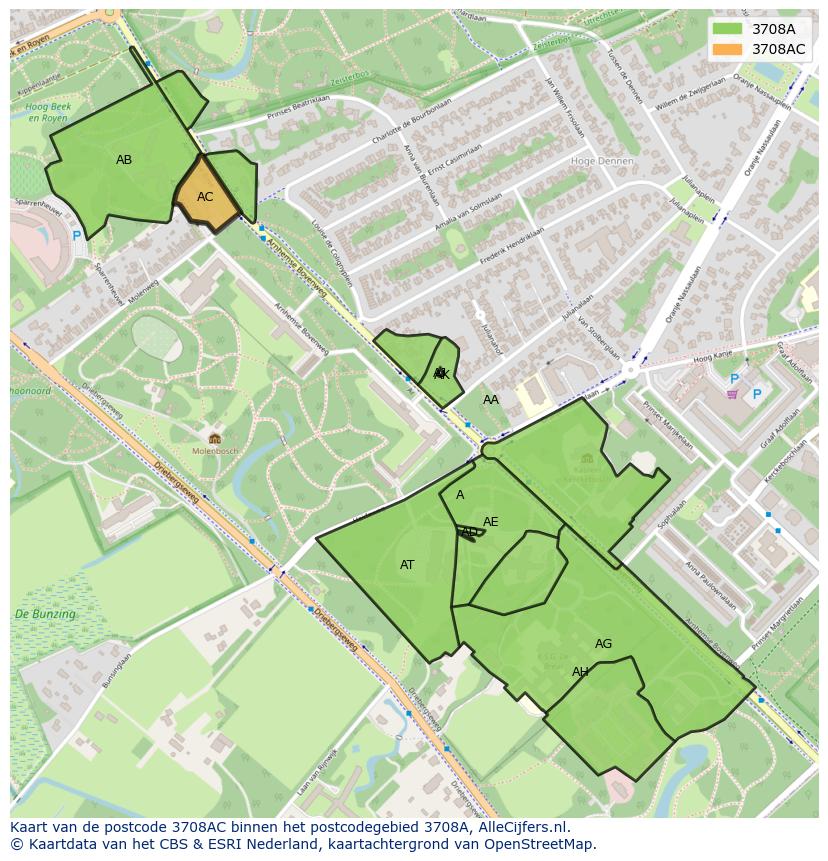 Afbeelding van het postcodegebied 3708 AC op de kaart.