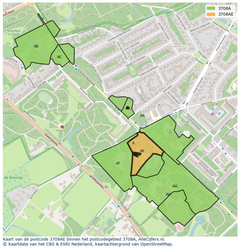Afbeelding van het postcodegebied 3708 AE op de kaart.