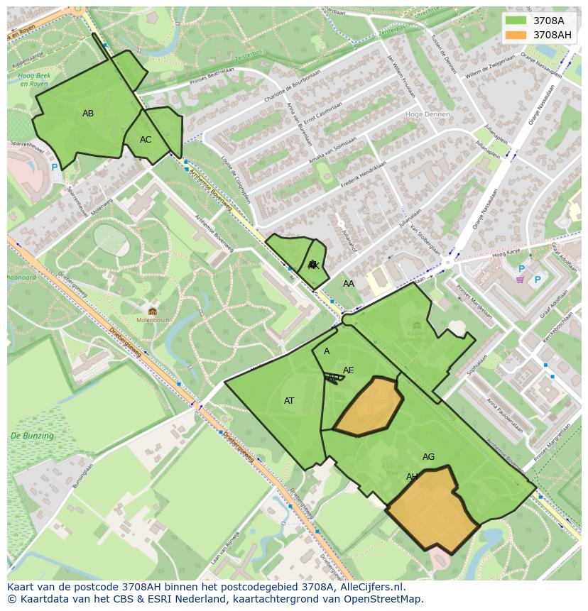 Afbeelding van het postcodegebied 3708 AH op de kaart.